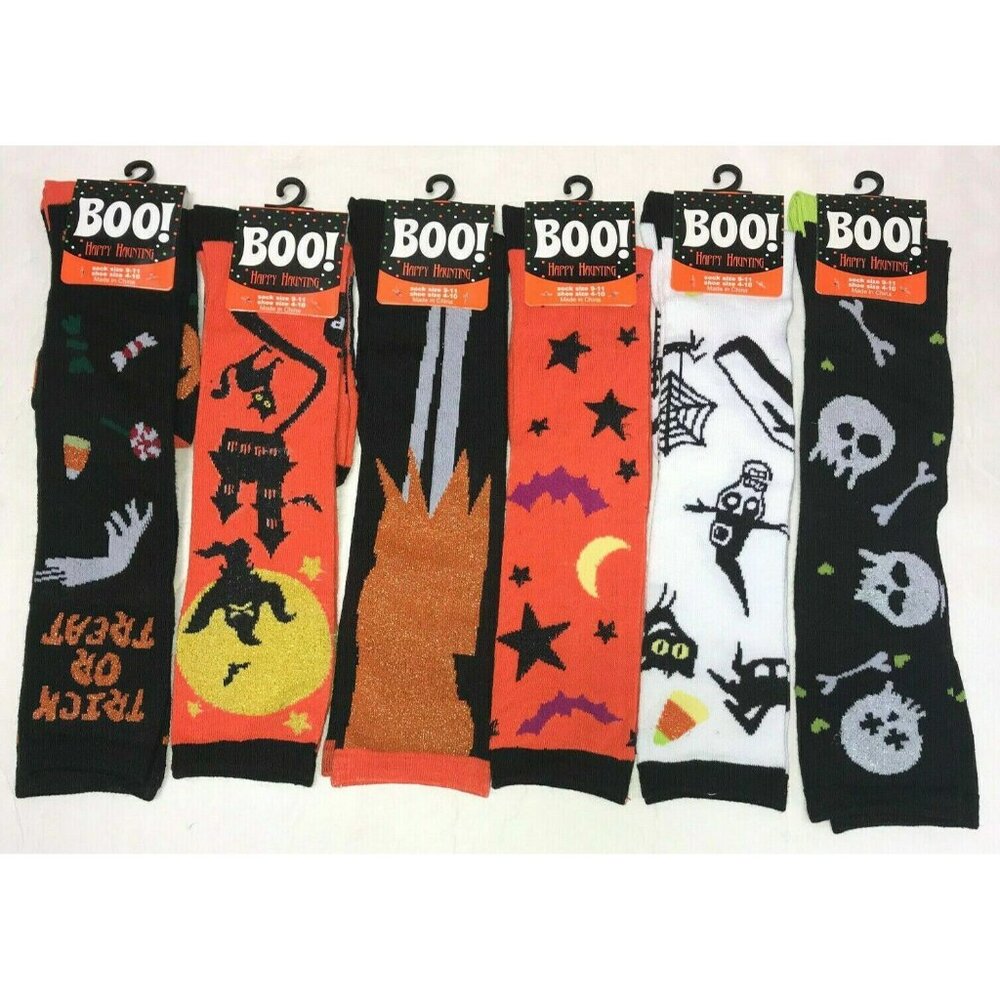 Halloween Socks 6‎ Pairs Shoe Size 4-10 New Ghosts Bats Skulls Cats Orange Black